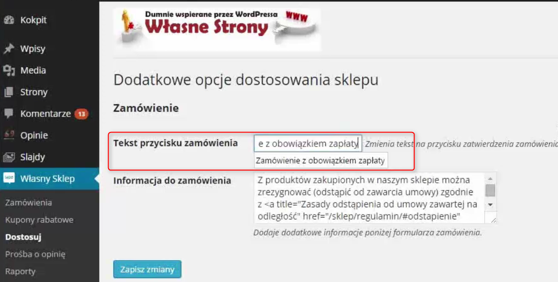 Zmień nazwę na przycisku “Zamówienie z obowiązkiem zapłaty”